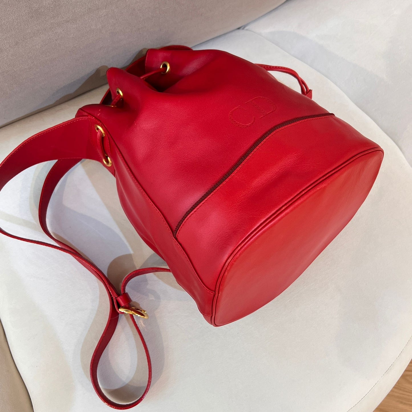 Christian Dior Vintage Red Leather Drawstring Shoulder Bag With Tassel