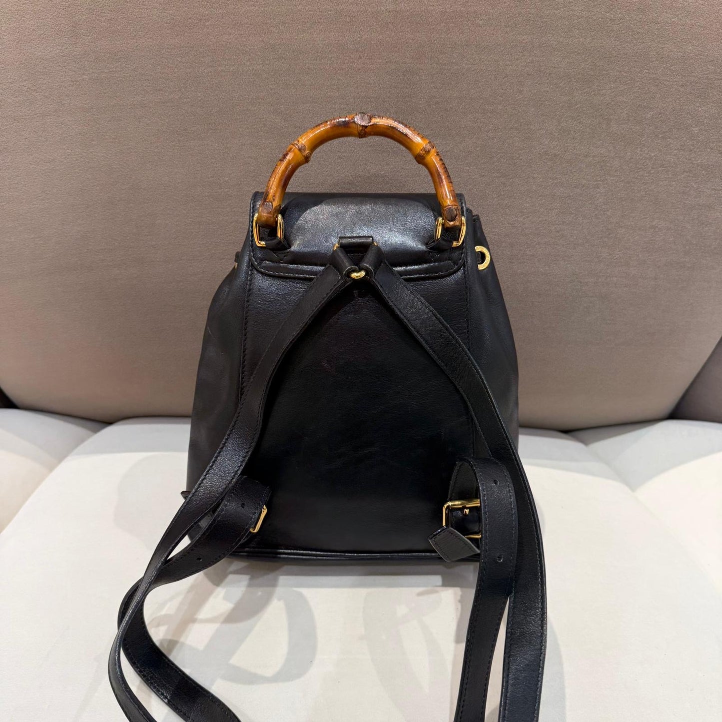 Gucci Vintage Black Leather Bamboo Small Backpack