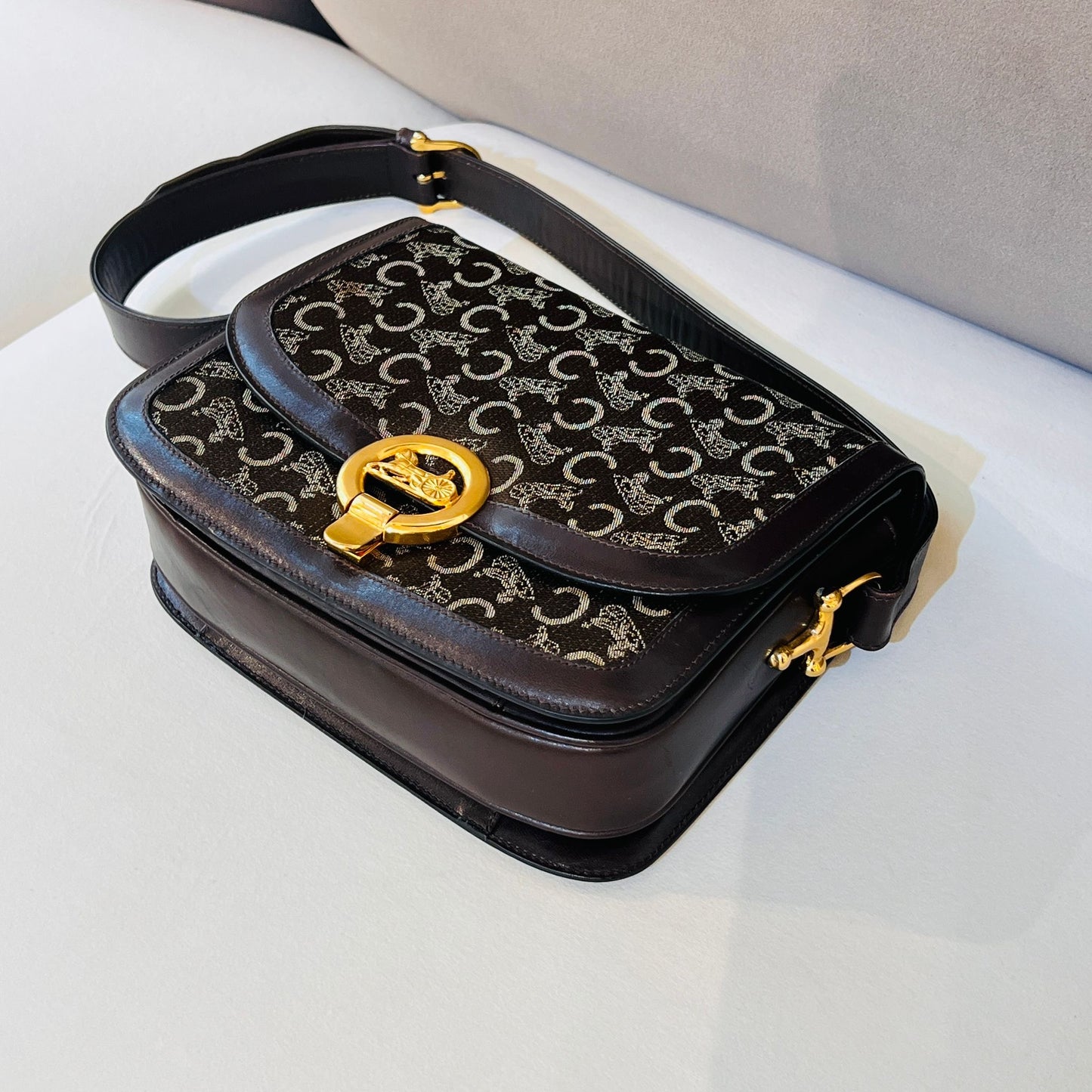Celine Vintage Triomphe Canvas Khaki Leather Gold Clasp Shoulder Bag