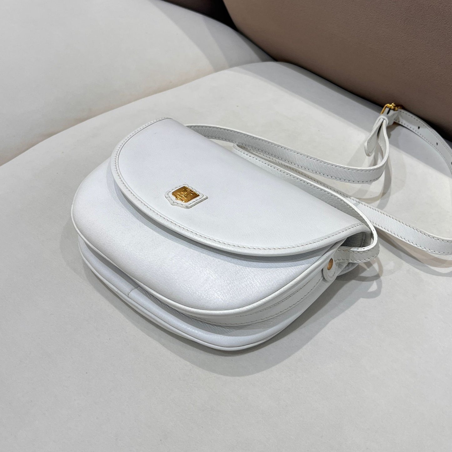 Celine Vintage White Leather Triomphe Shoulder Bag