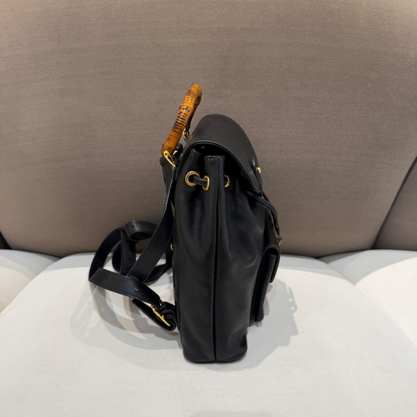 Gucci Vintage Black Leather Bamboo Small Backpack