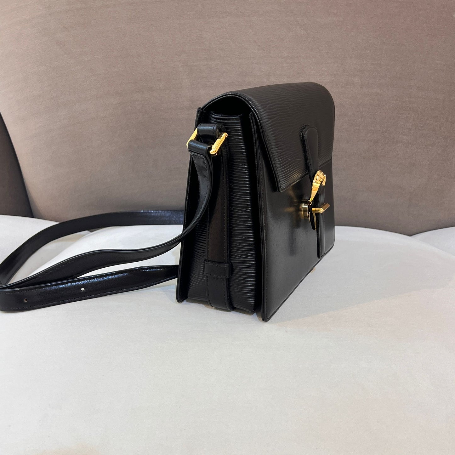 Valentino Garavani Vintage Black Epi Leather Gold Buckle Shoulder Bag