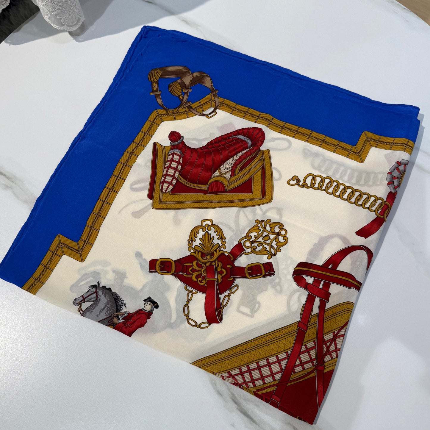 Celine Vintage Horse Print Silk Scarf Ivory Blue 86 X 86 Cm