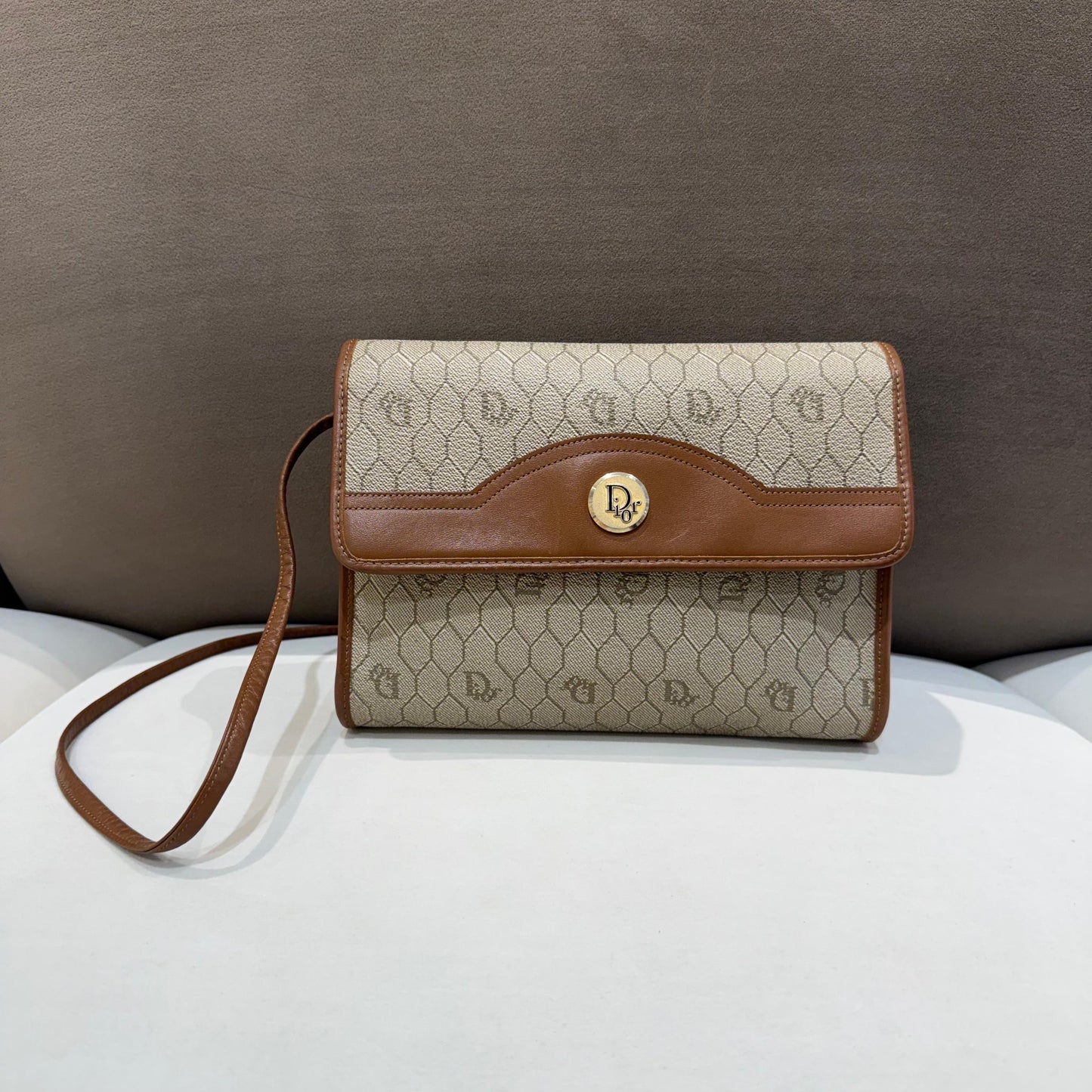 Christian Dior Vintage Beige Honeycomb Monogram Leather Trim Shoulder Bag
