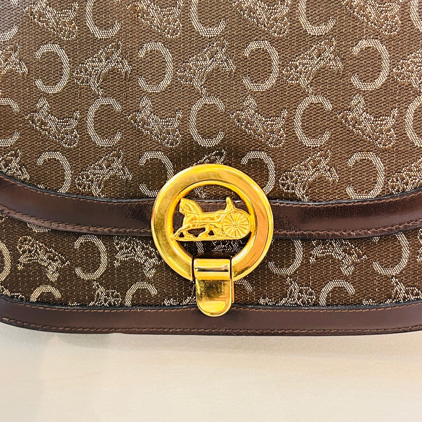 Celine Vintage Triomphe Canvas Khaki Leather Gold Clasp Shoulder Bag