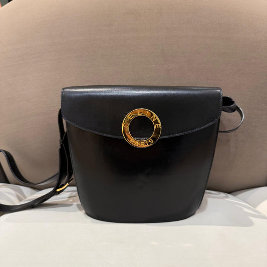 Celine Vintage Black Leather Circle Logo Shoulder Bag
