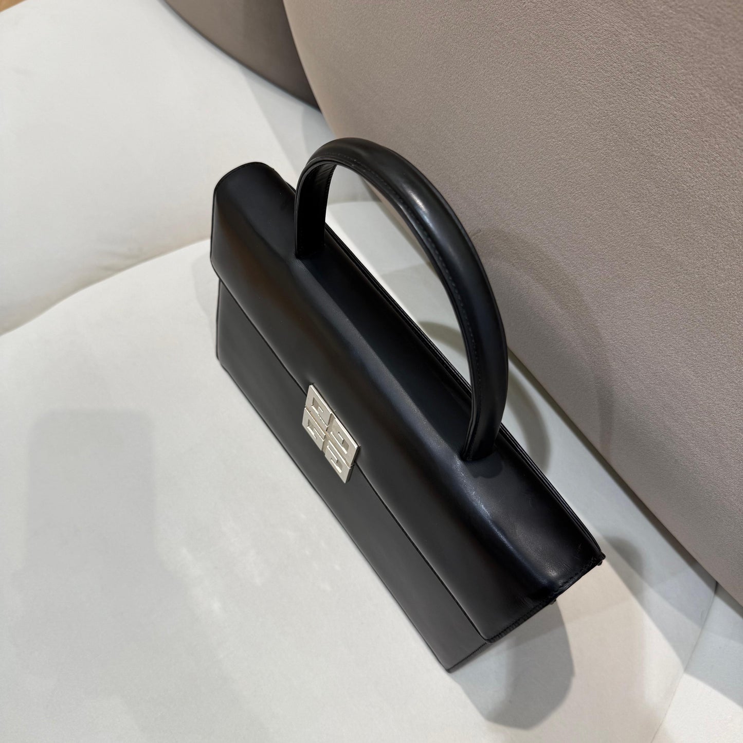 Givenchy Vintage Black Leather 4G Metal Clasp Structured Top Handle Bag