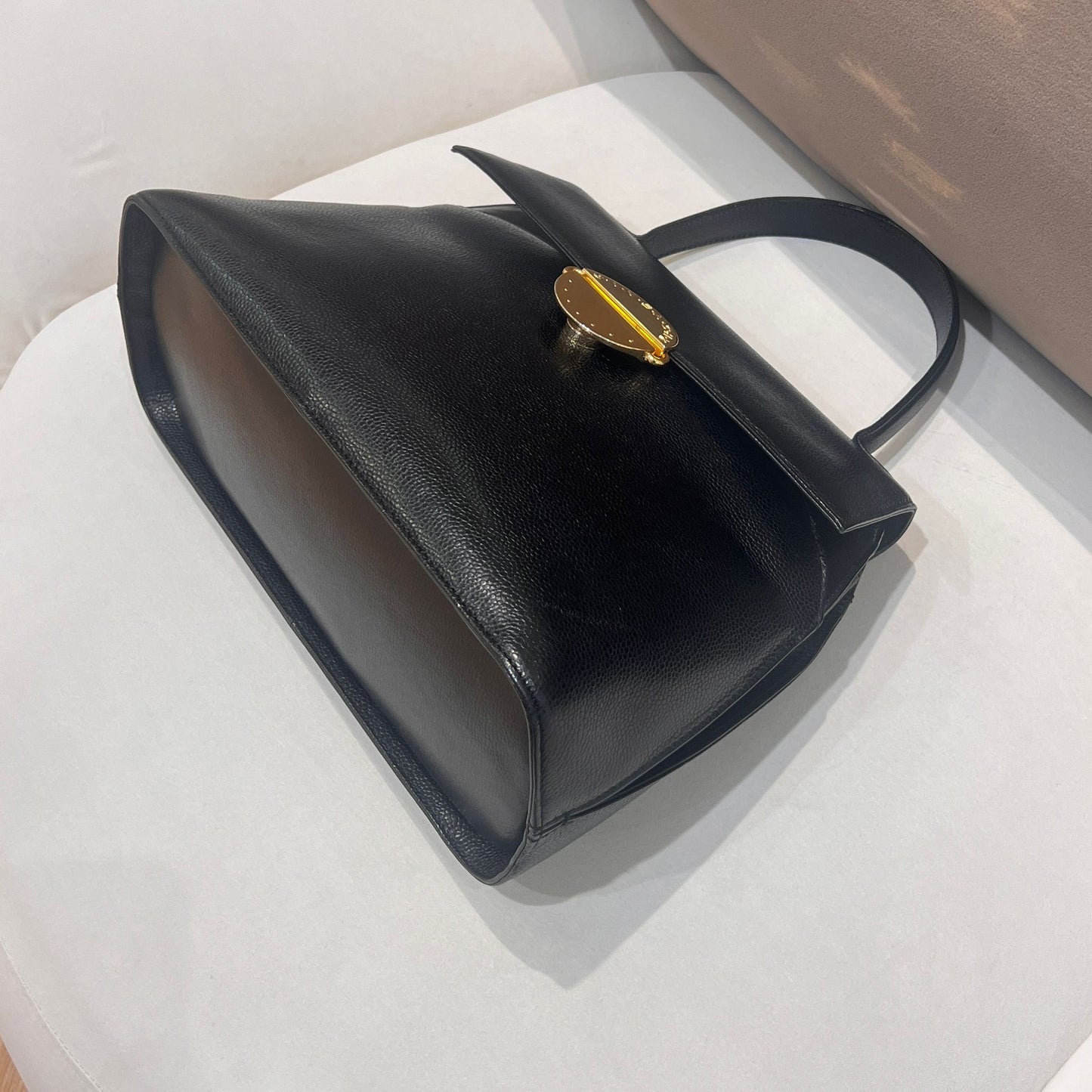 Givenchy Vintage Black Leather Gold Round Clasp Top Handle Handbag