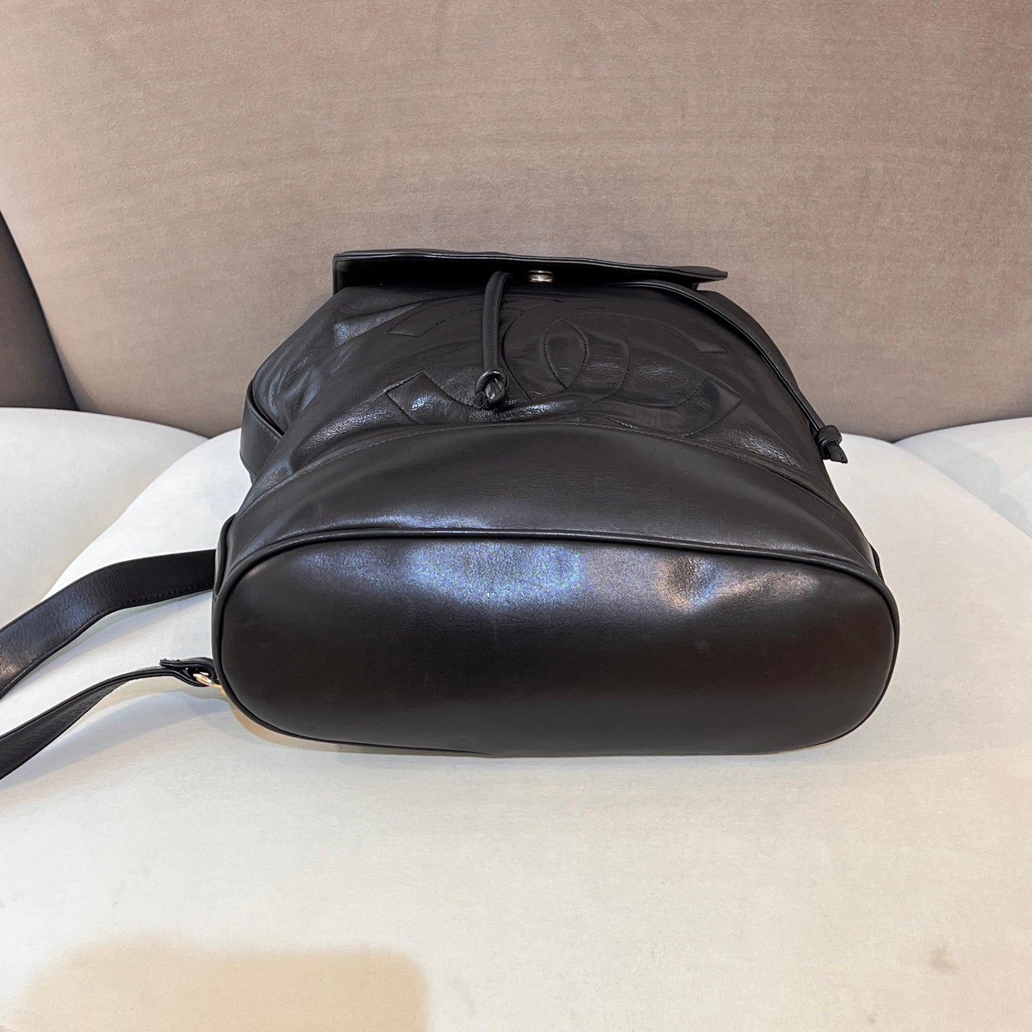 Chanel Vintage Coco Mark Black Lambskin Leather Backpack