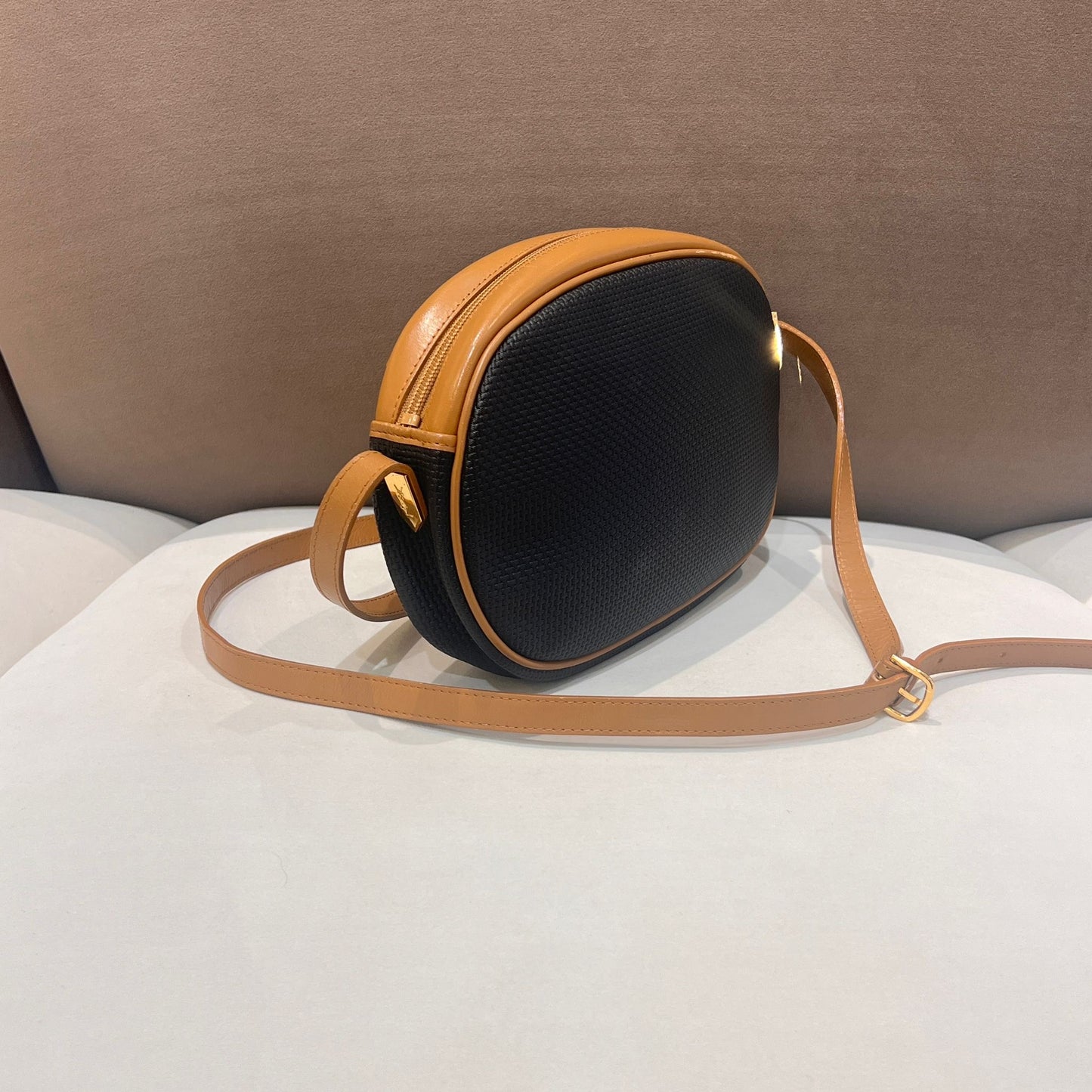 Yves Saint Laurent Vintage Textured Leather Navy Oval Crossbody Shoulder Bag