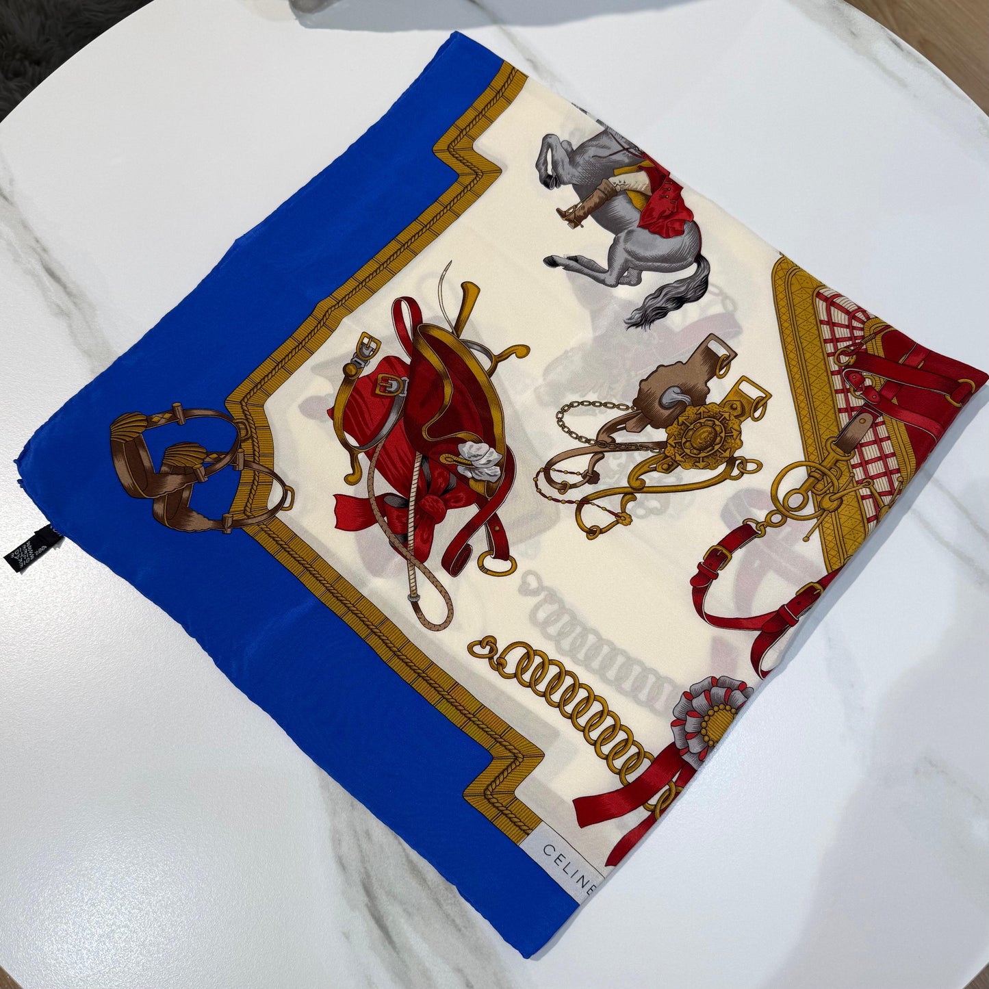 Celine Vintage Horse Print Silk Scarf Ivory Blue 86 X 86 Cm