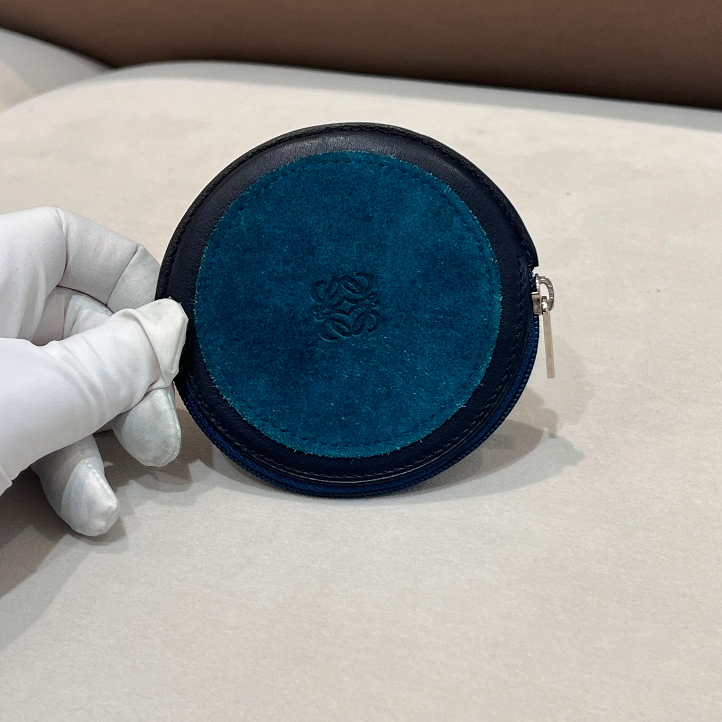 Loewe Vintage Round Suede & Leather Anagram Coin Purse