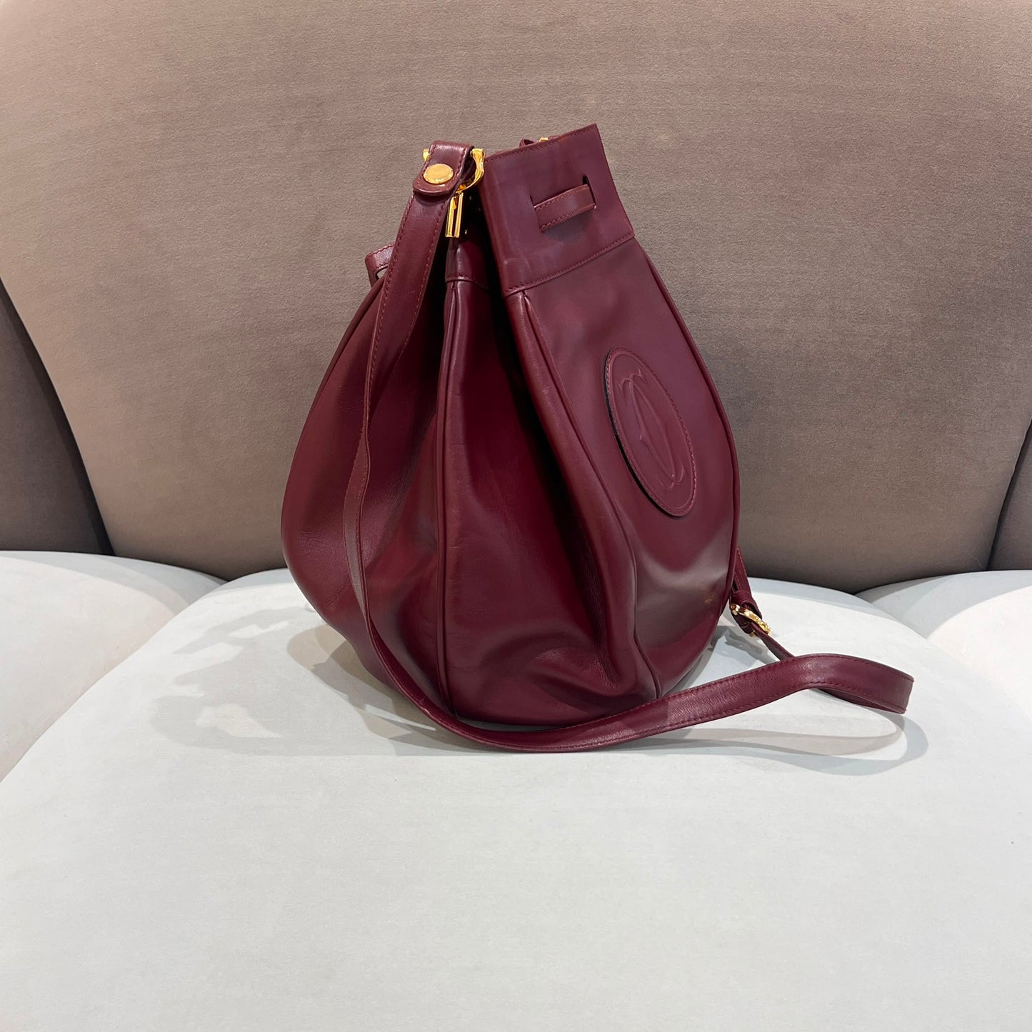 Cartier Vintage Must De Cartier Bordeaux Leather Drawstring Bucket Shoulder Bag