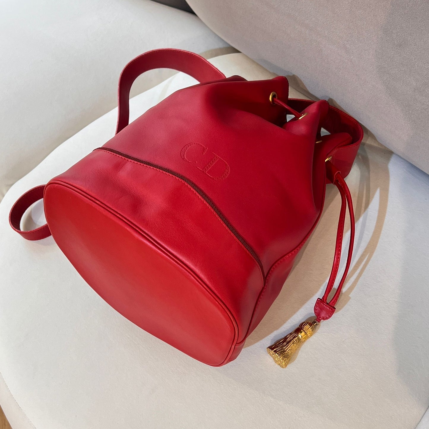 Christian Dior Vintage Red Leather Drawstring Shoulder Bag With Tassel