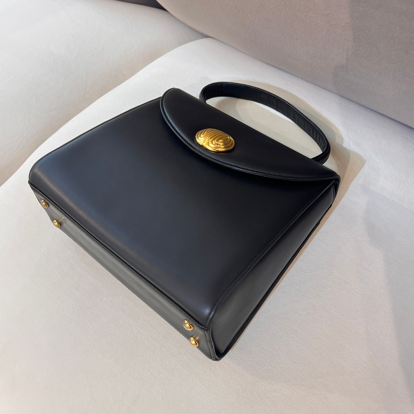 Givenchy Vintage Black Leather Gold Emblem Top Handle Bag