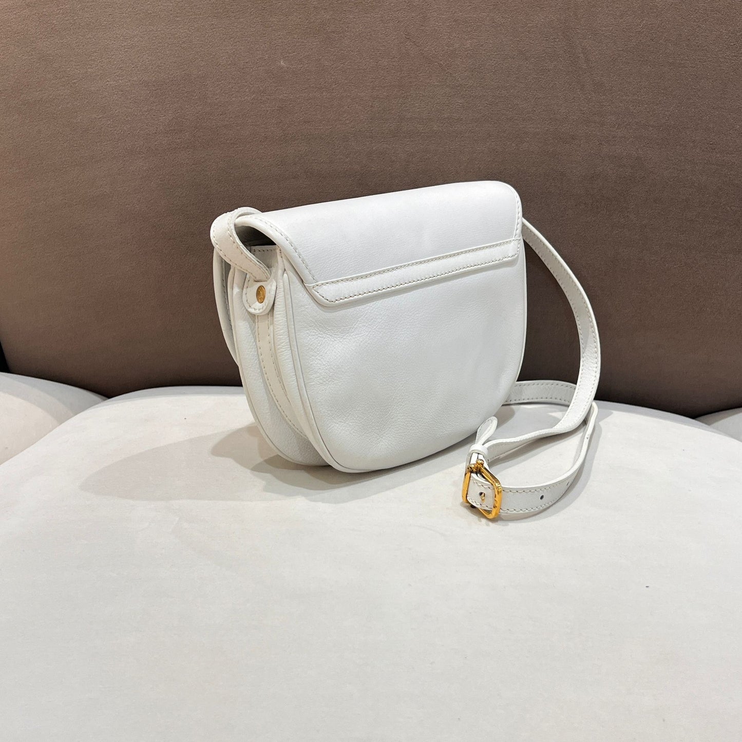 Celine Vintage White Leather Triomphe Shoulder Bag