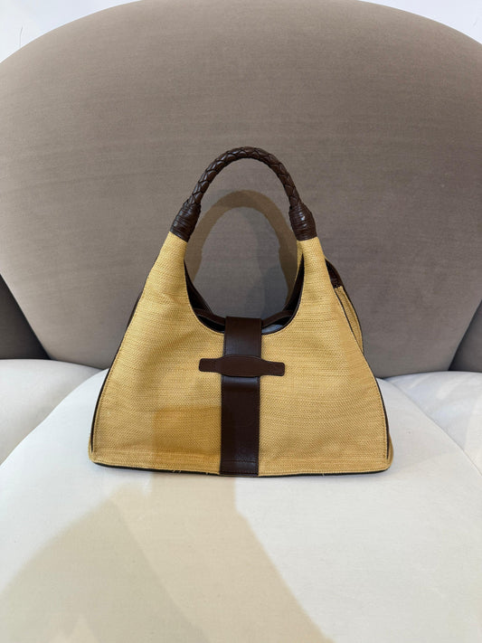 Bottega Veneta Vintage Woven Handle Raffia & Leather Handbag