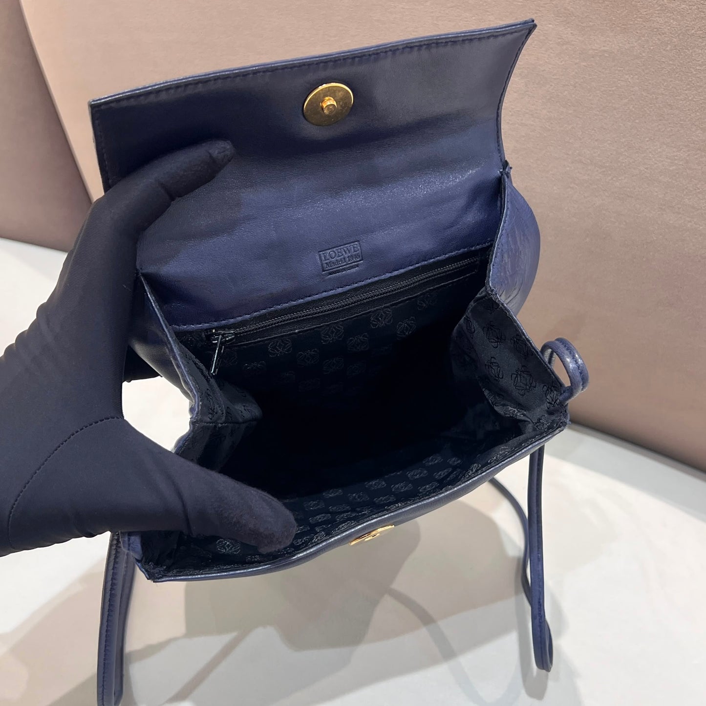 Loewe Vintage Navy Leather Anagram Saddle Shoulder Bag