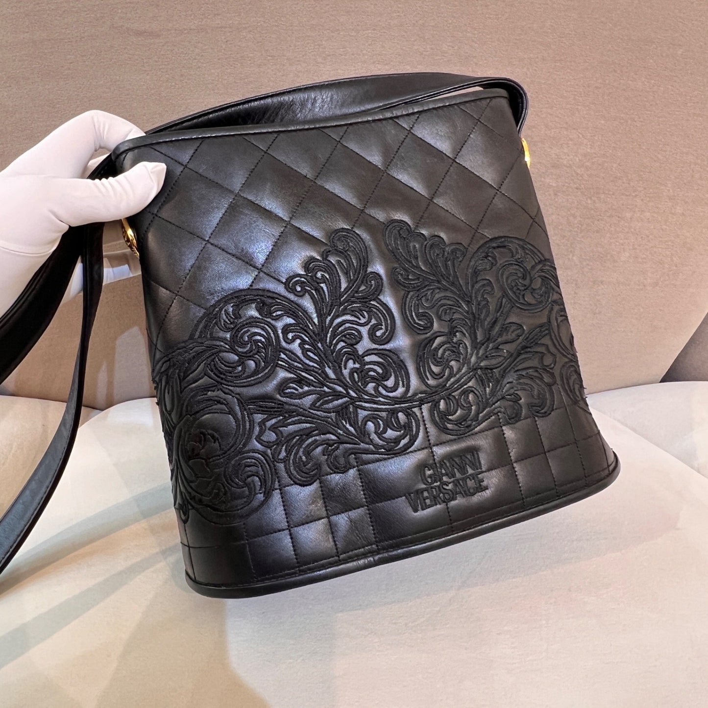 Versace Vintage Quilted Leather Baroque Bucket Shoulder Bag Black