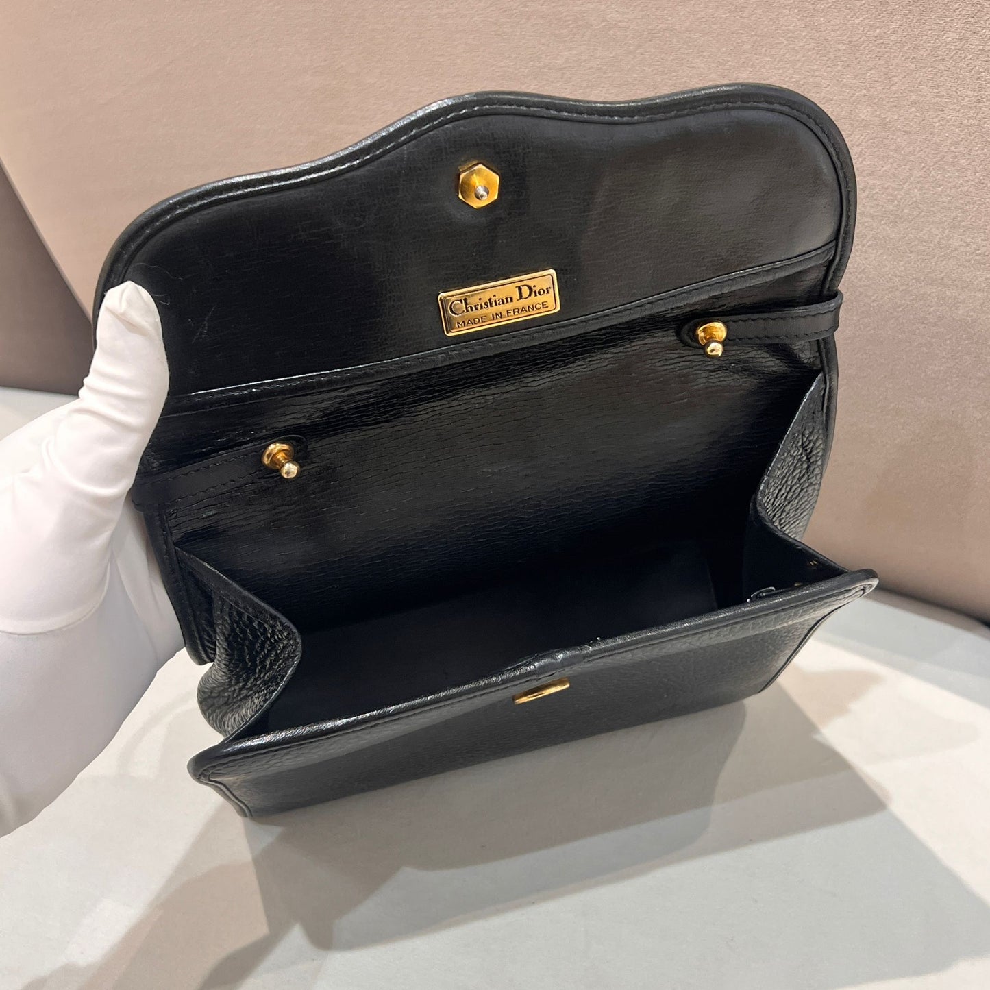 Christian Dior Vintage Black Grained Leather Top Handle Handbag With Oval Logo Clasp