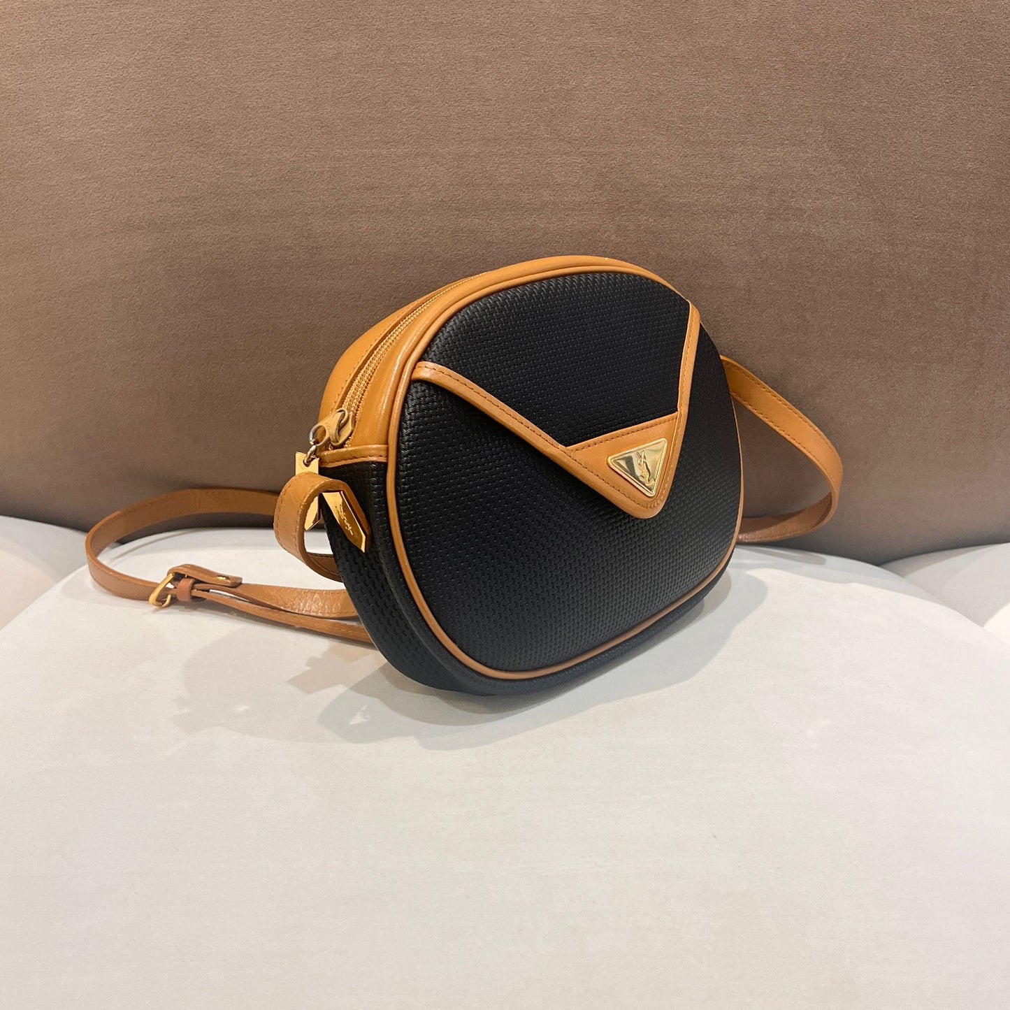 Yves Saint Laurent Vintage Textured Leather Navy Oval Crossbody Shoulder Bag