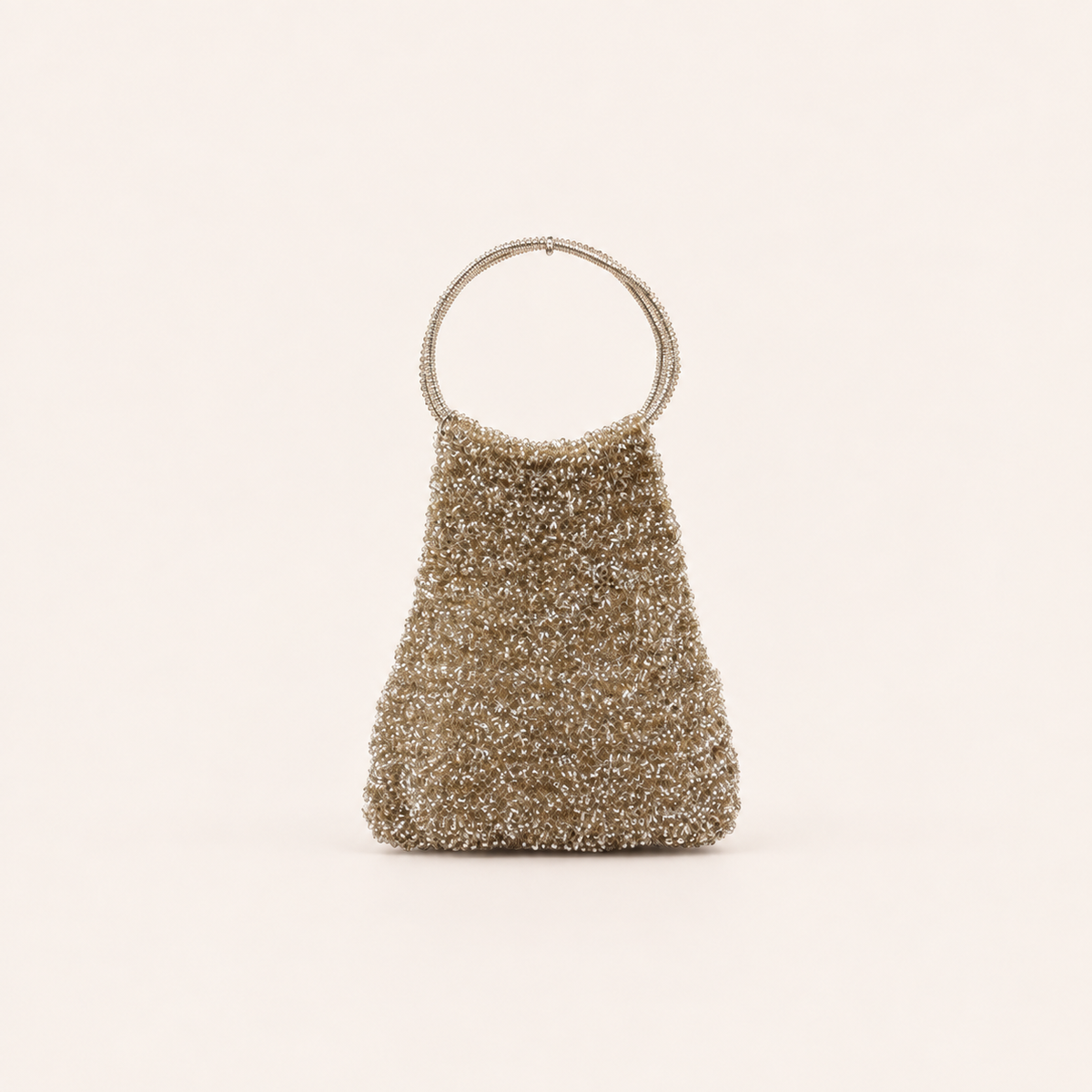 Anteprima beige and silver wire tote bag with circular handles, front view 米銀色編織手袋
