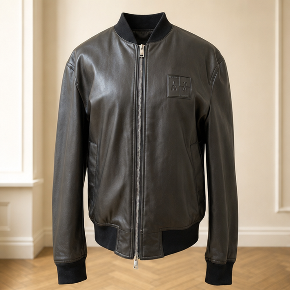 Armani black mens leather bomber jacket front view