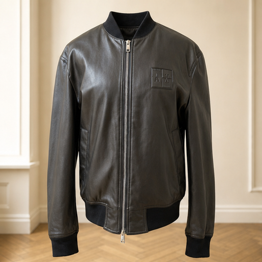 Armani black mens leather bomber jacket front view