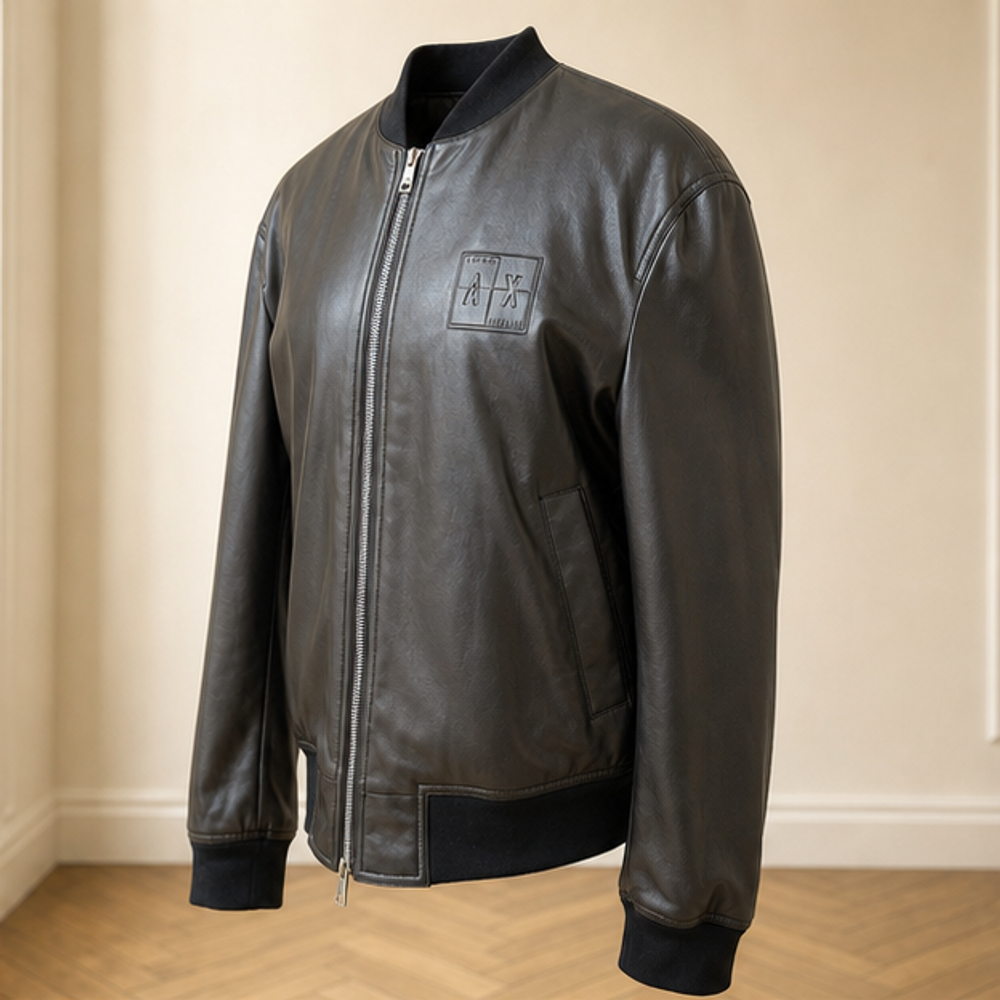 Armani black mens leather bomber jacket left front view