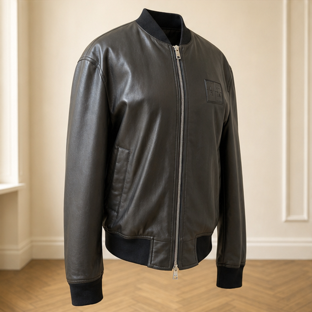 Armani black mens leather bomber jacket right front view