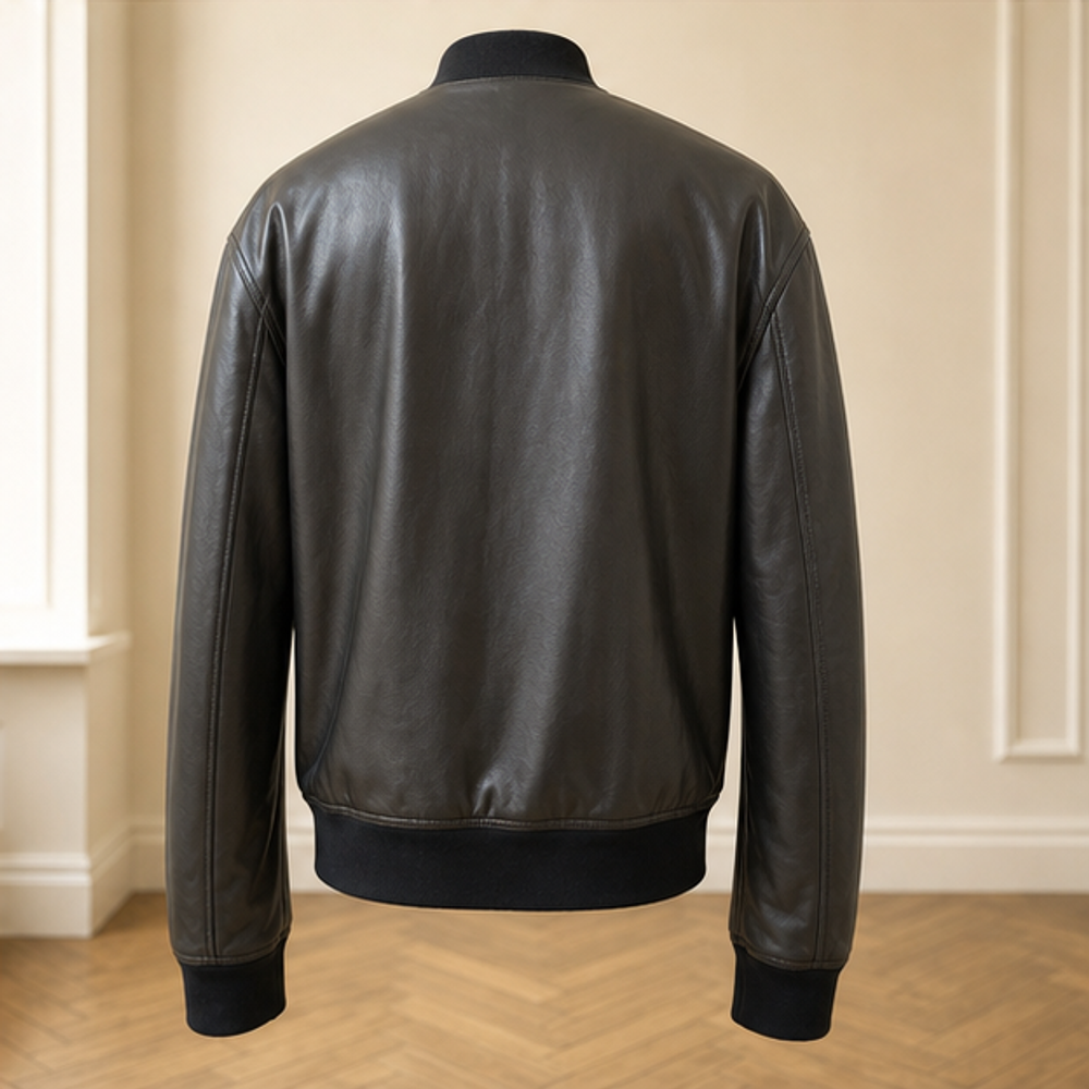 Armani black mens leather bomber jacket back view