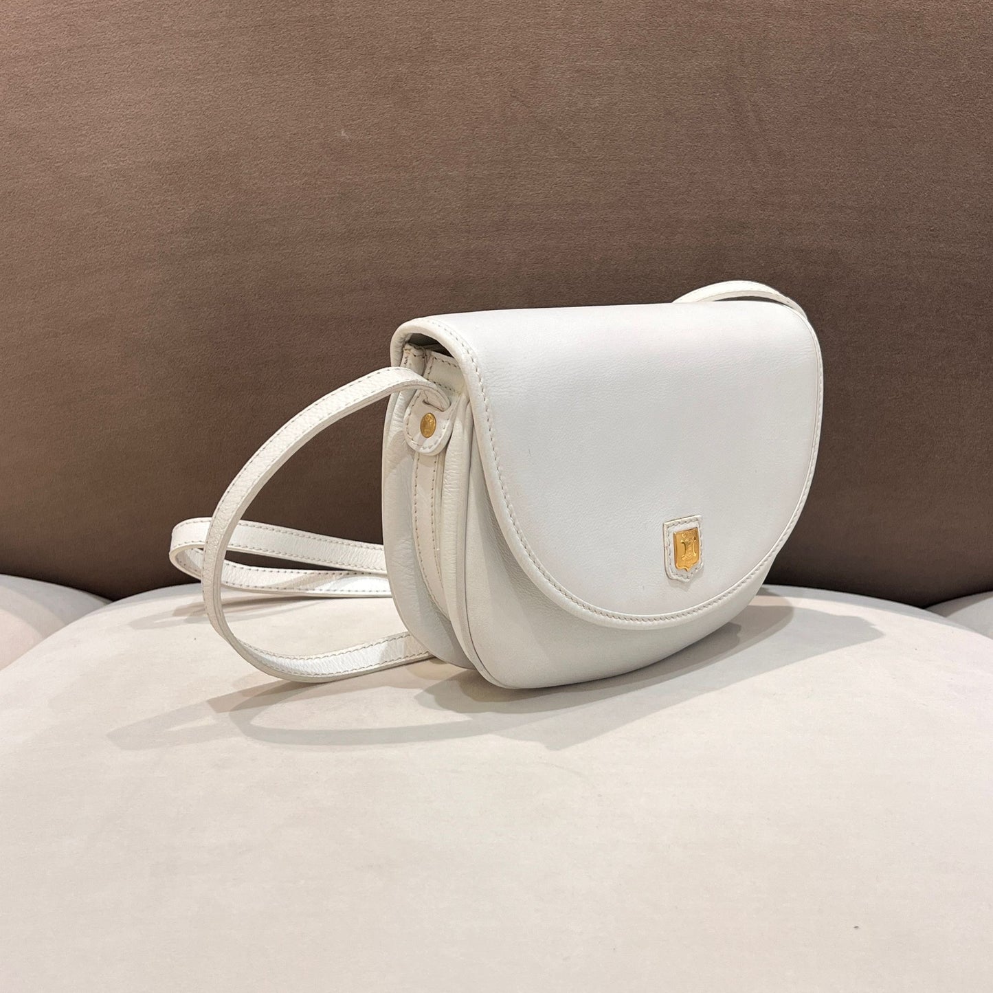 Celine Vintage White Leather Triomphe Shoulder Bag