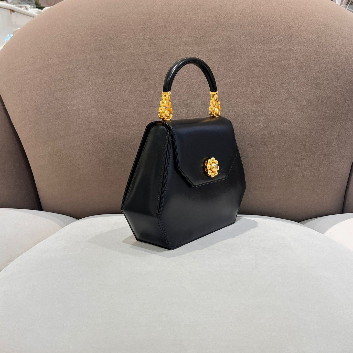 Bally Vintage Black Leather Hexagonal Top Handle Handbag