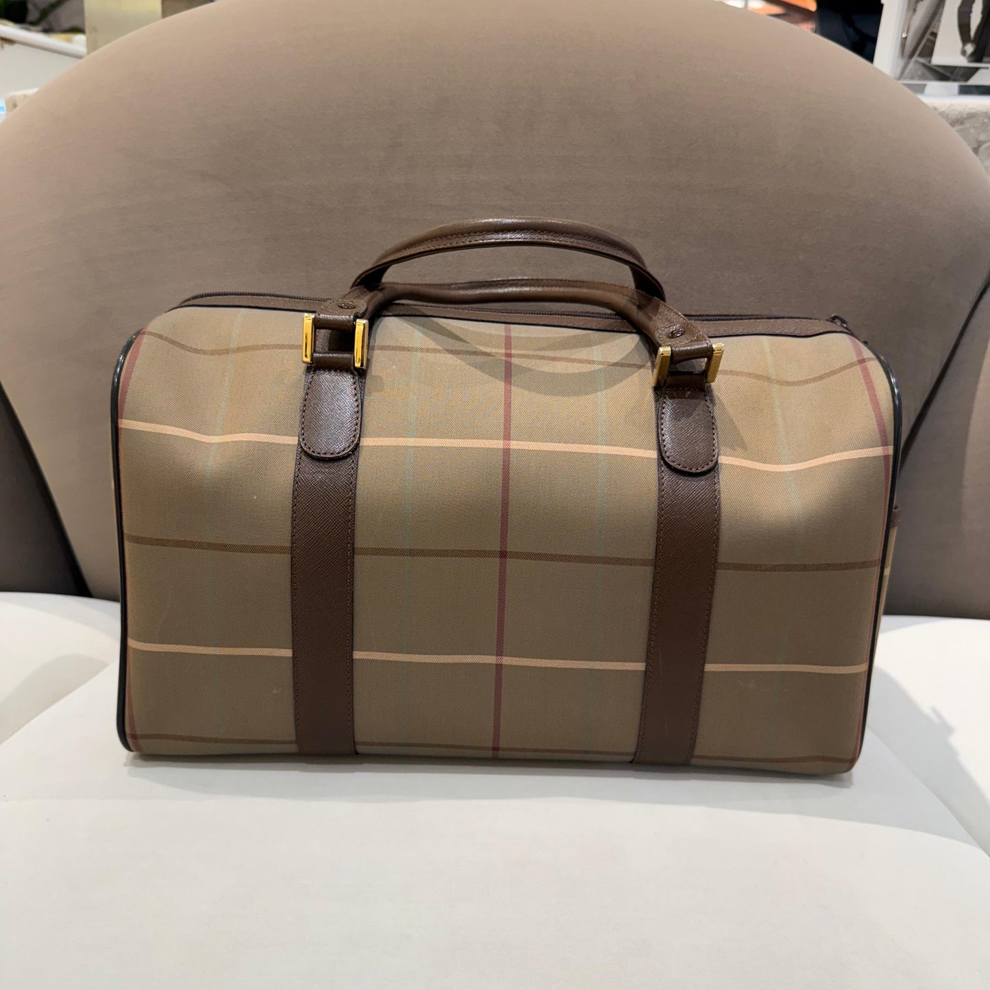 Burberry Vintage Haymarket Check Canvas Leather Boston Bag