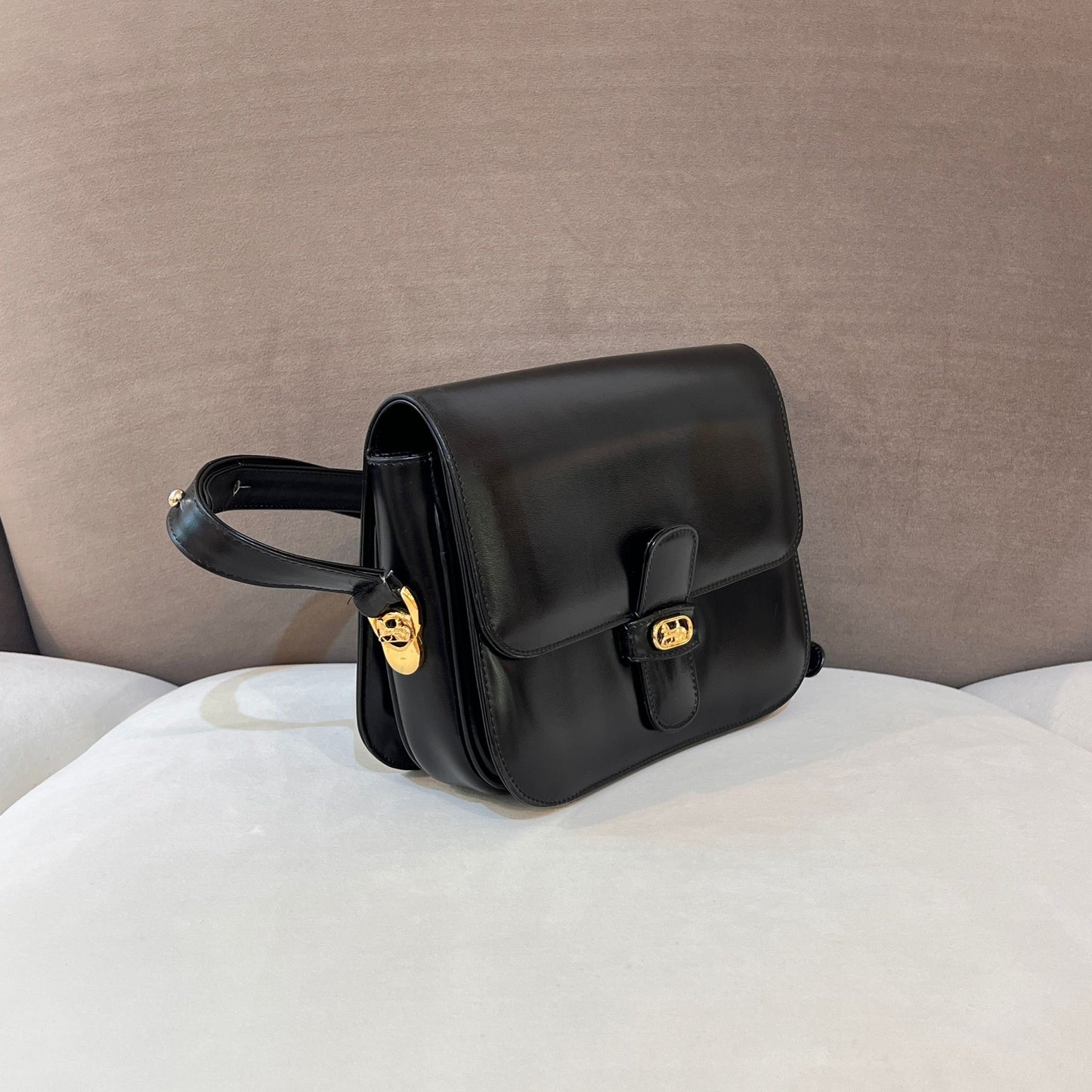 Celine Vintage Horse Carriage Black Leather Shoulder Bag