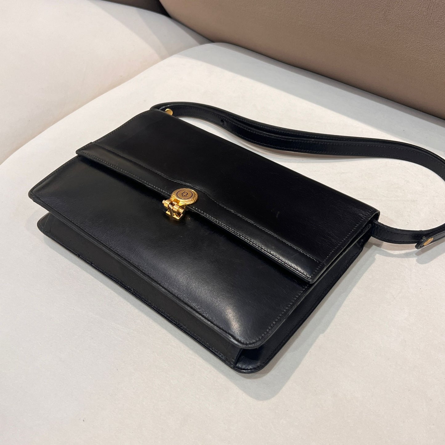 Christian Dior Vintage Black Leather Shoulder Bag With Round Logo Clasp