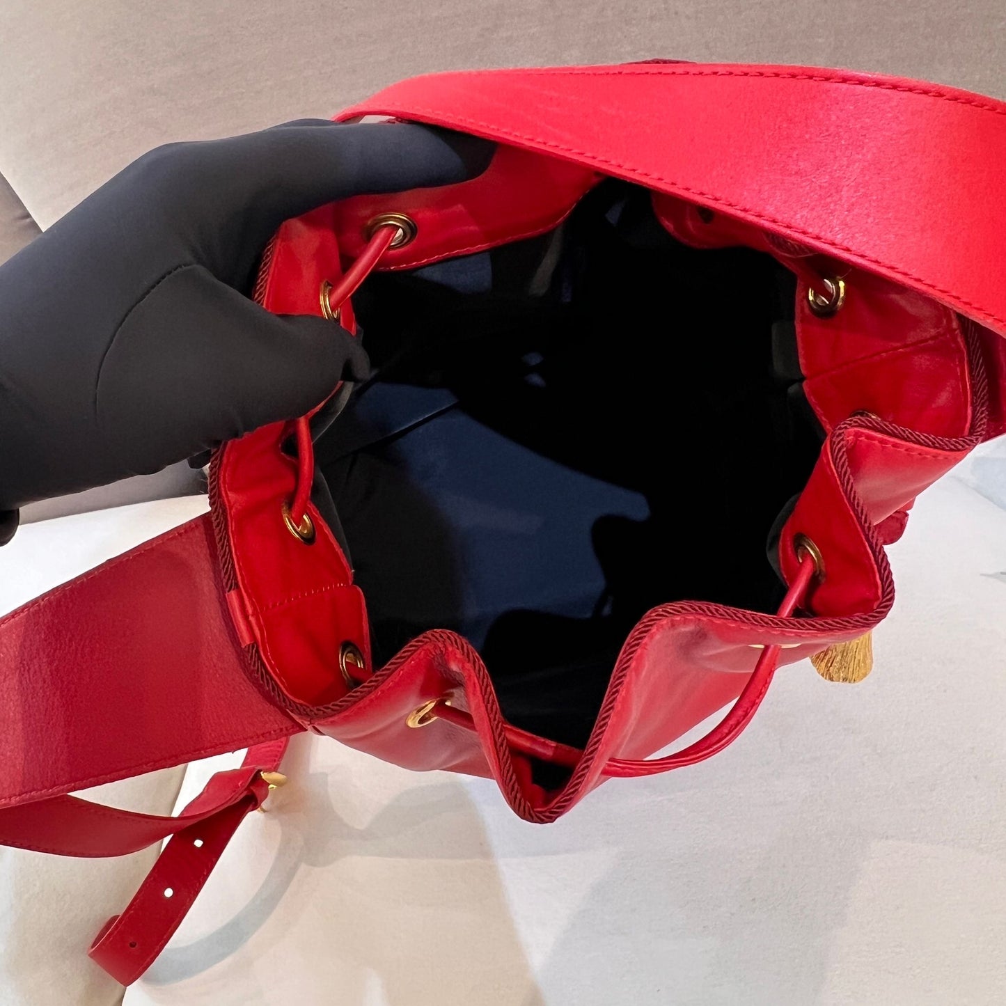 Christian Dior Vintage Red Leather Drawstring Shoulder Bag With Tassel