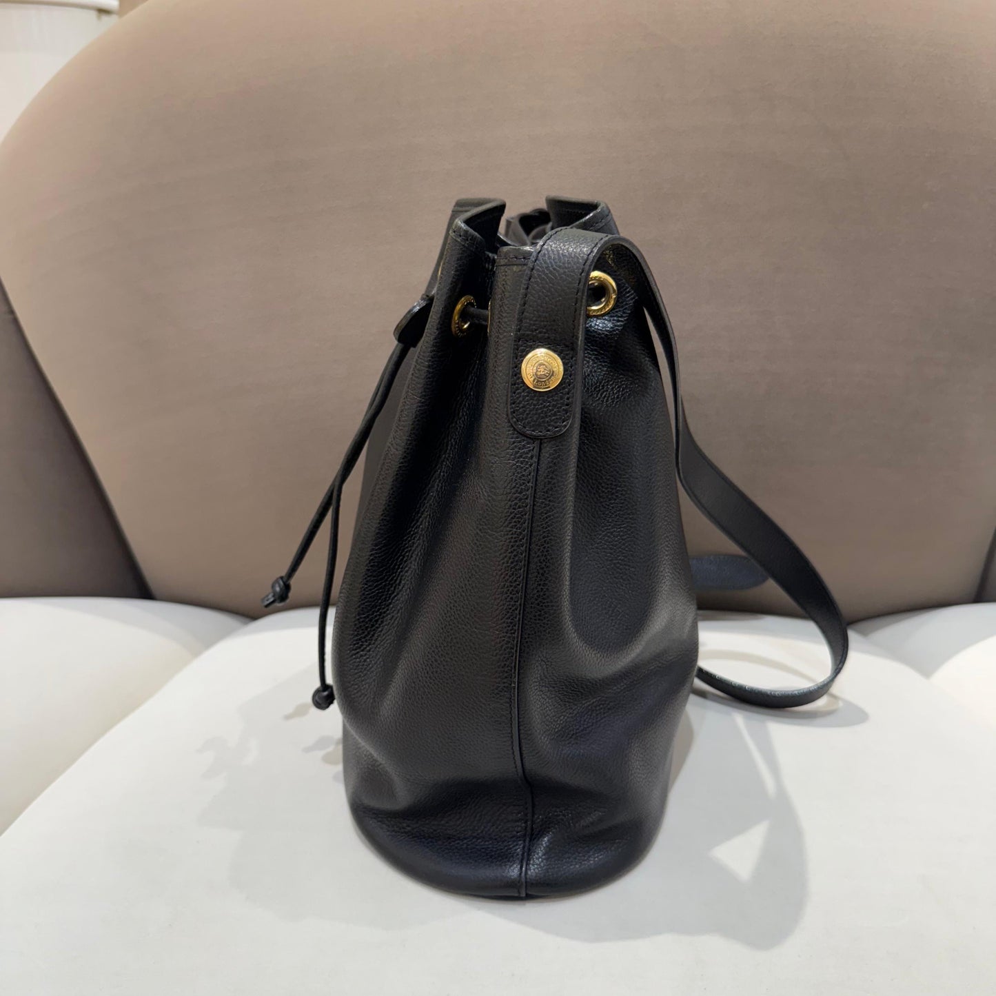 Burberry London Vintage Black Leather Nova Check Drawstring Shoulder Bag