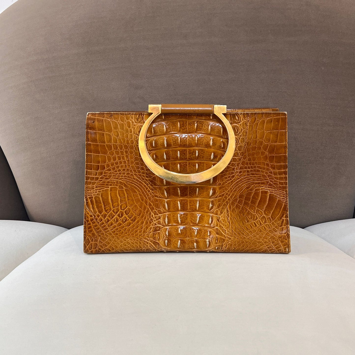 Celine Vintage Crocodile Embossed Circle Handle Bag