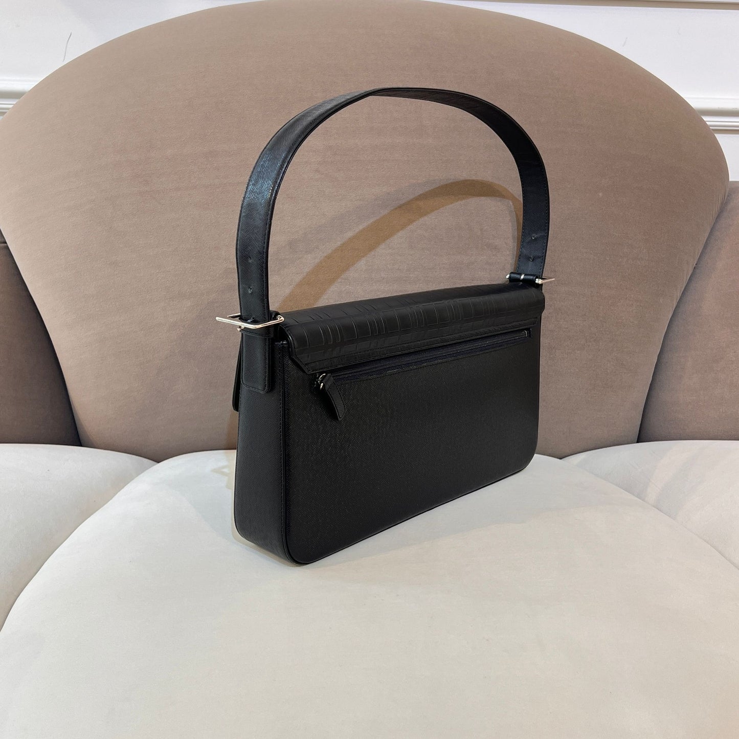 Burberry Vintage Embossed Check Black Leather Shoulder Bag