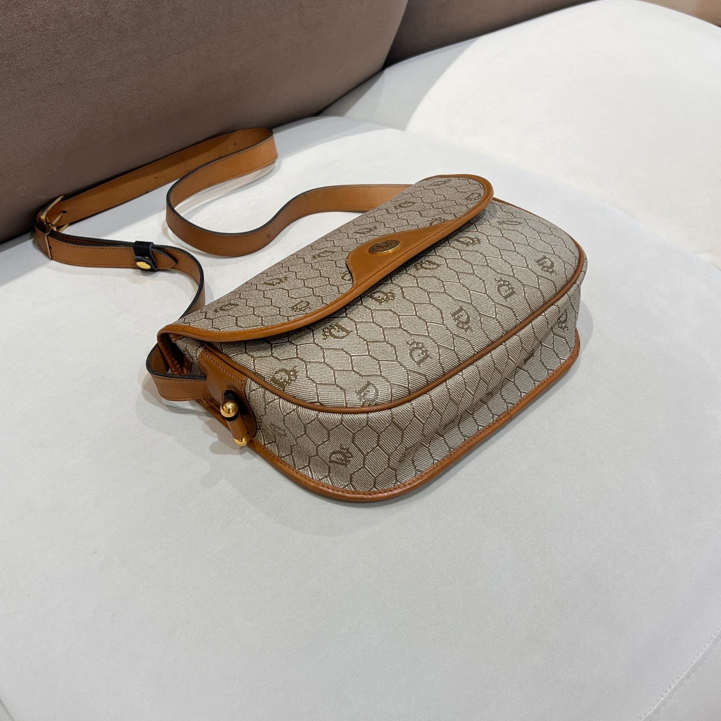 Christian Dior Vintage Honeycomb Monogram Canvas Beige Crossbody Shoulder Bag