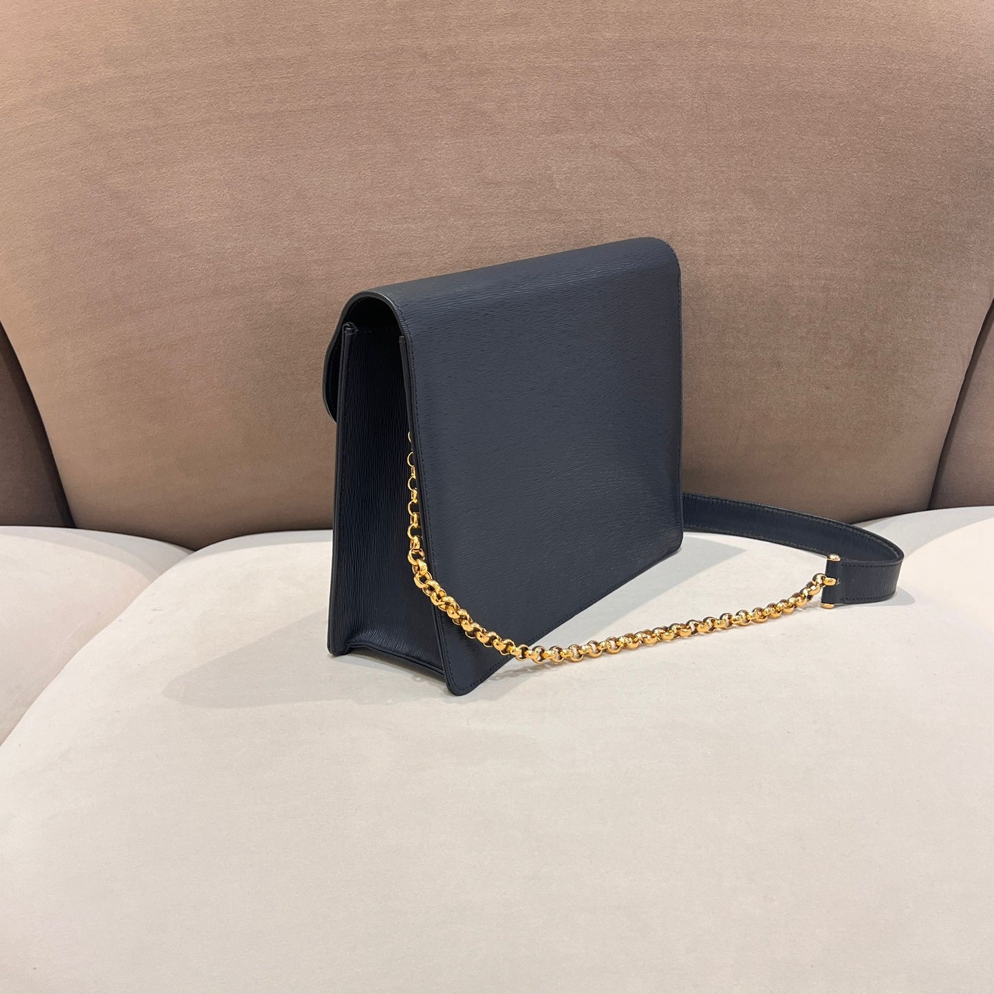 Chloé Vintage Navy Leather Gold Logo Shoulder Bag