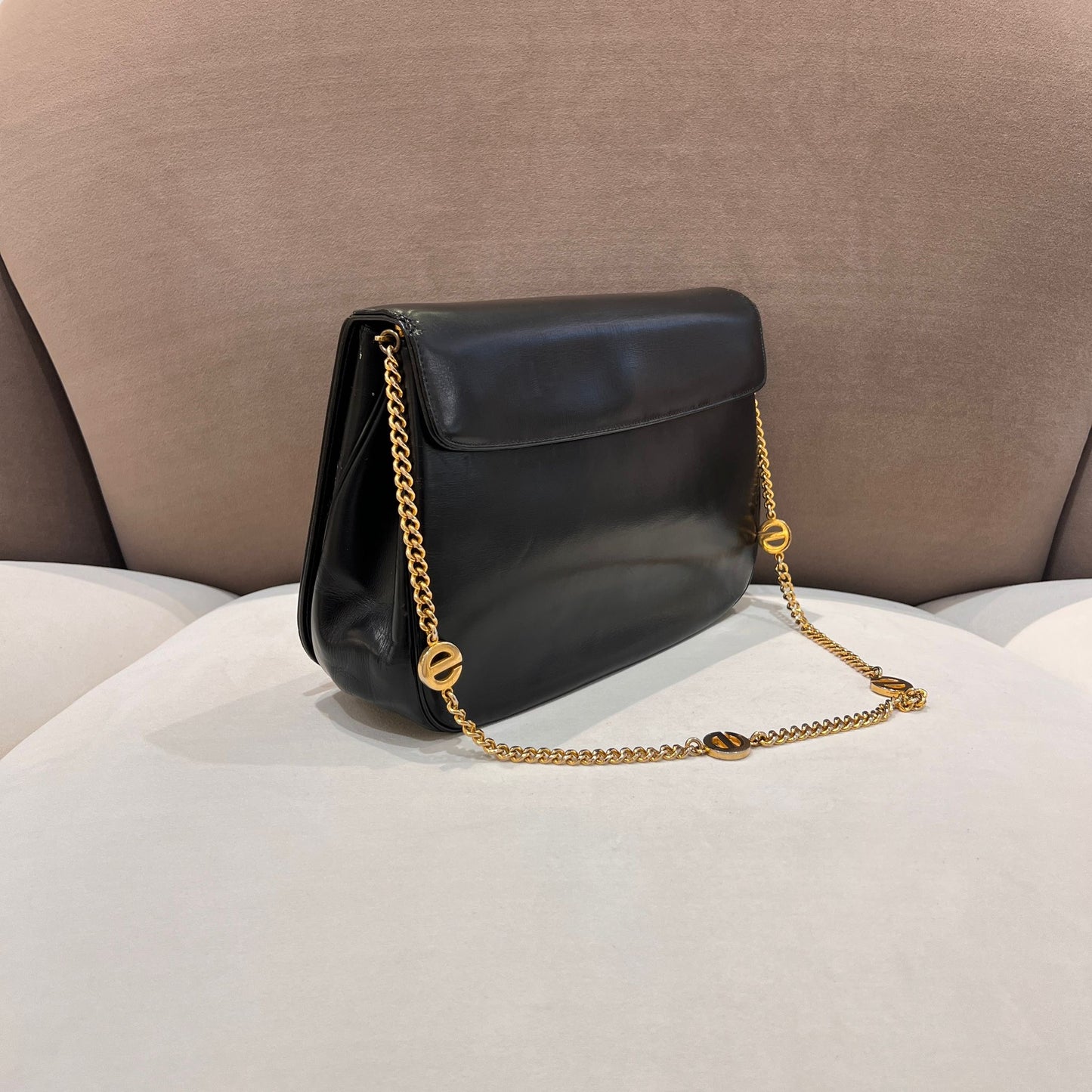 Christian Dior 復古黑色皮革 CD 標誌鏈條單肩包