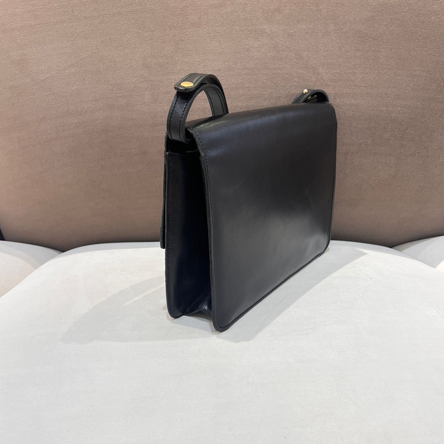 Christian Dior Vintage Black Leather Shoulder Bag With Round Logo Clasp