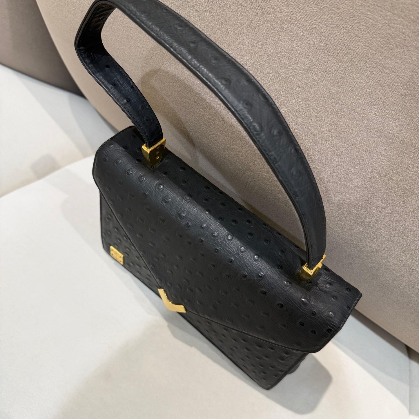 Givenchy Vintage Black Ostrich Leather Envelope Top Handle Handbag