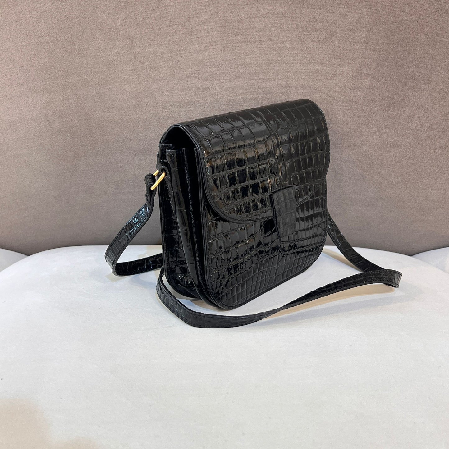 Yves Saint Laurent Vintage Crocodile-Embossed Black Shoulder Bag