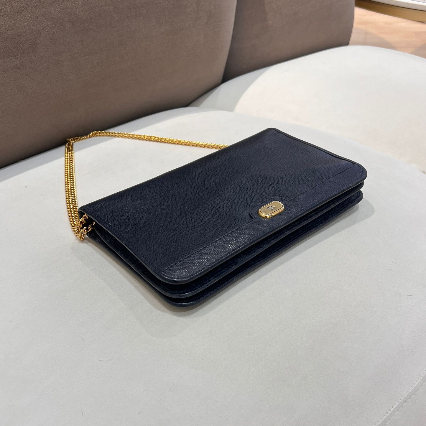 Christian Dior Vintage Cd Logo Navy Leather Chain Envelope Shoulder Bag