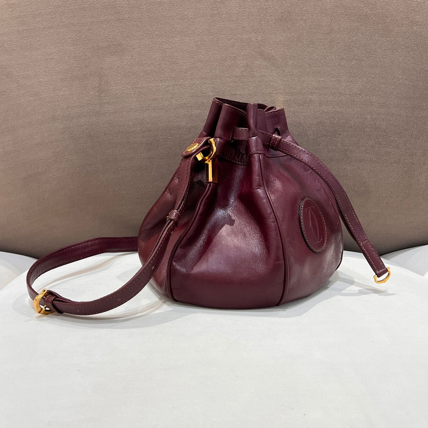 Cartier Vintage Brown Leather Drawstring Shoulder Bag