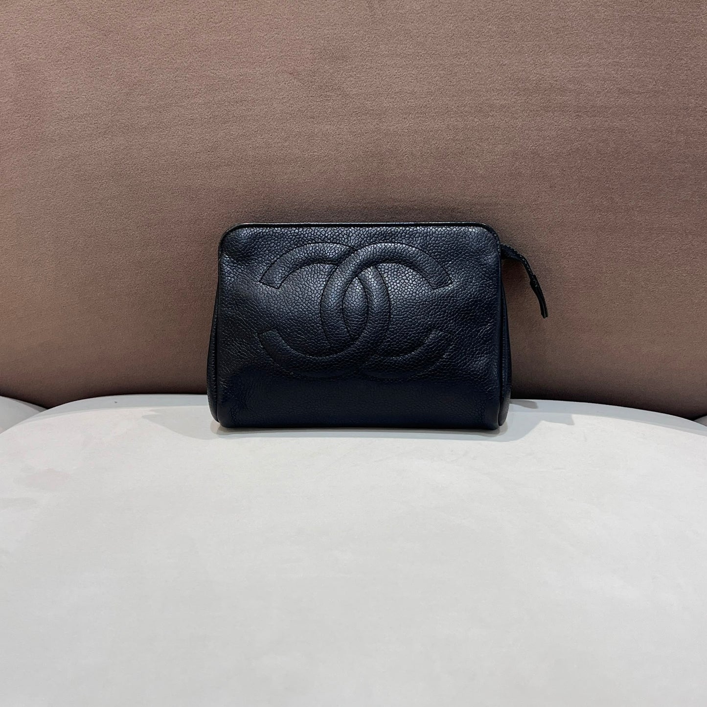 Chanel Vintage Black Caviar Leather Cc Zip Pouch