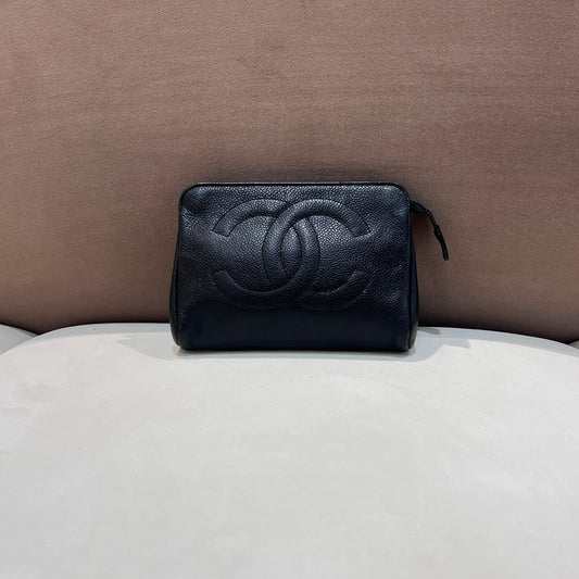 Chanel Vintage Black Caviar Leather Cc Zip Pouch